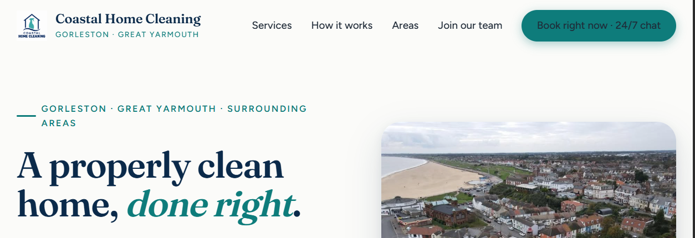 Screenshot of the live Coastal Home Cleaning website, a domestic cleaning service in Great Yarmouth, with quote and chat buttons and a Gorleston-on-Sea location card
