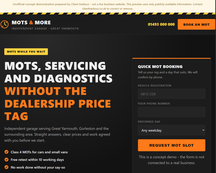 Screenshot of a garage services website concept for Mots and More, a bold high-contrast design with a quick MOT booking form in the hero