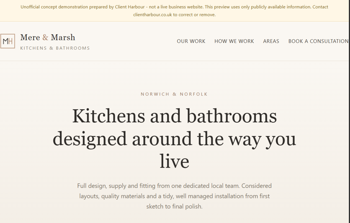 Screenshot of a kitchens and bathrooms website concept for Mere and Marsh, an elegant showroom-style design with serif headings and a consultation enquiry flow